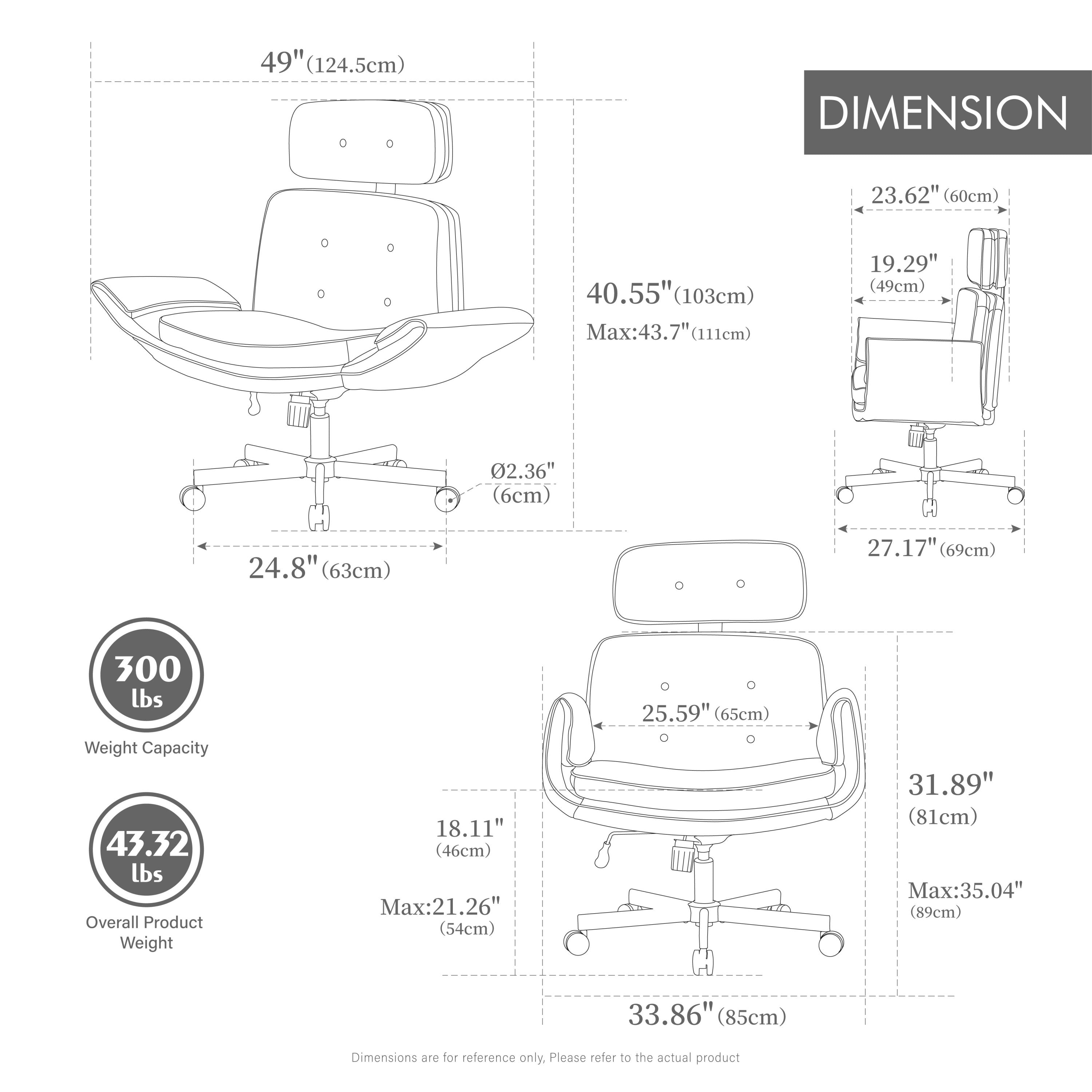Technical drawing of an office chair with dimensions and weight capacity details.