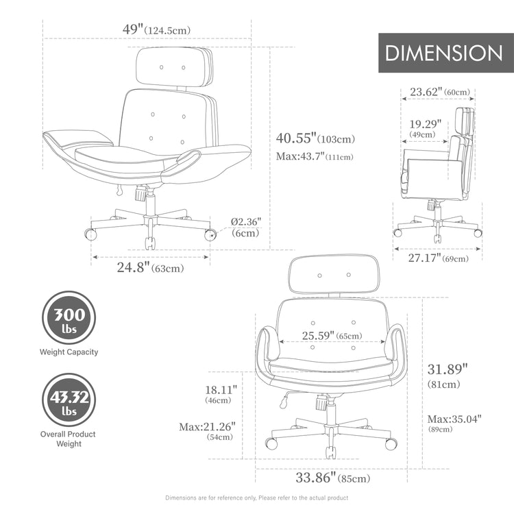 Technical drawing of an office chair with dimensions and weight capacity details.