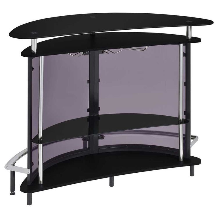 Rear view of black glass top home wine bar cabinet showing open shelving and stemware rack for organized wine storage.
