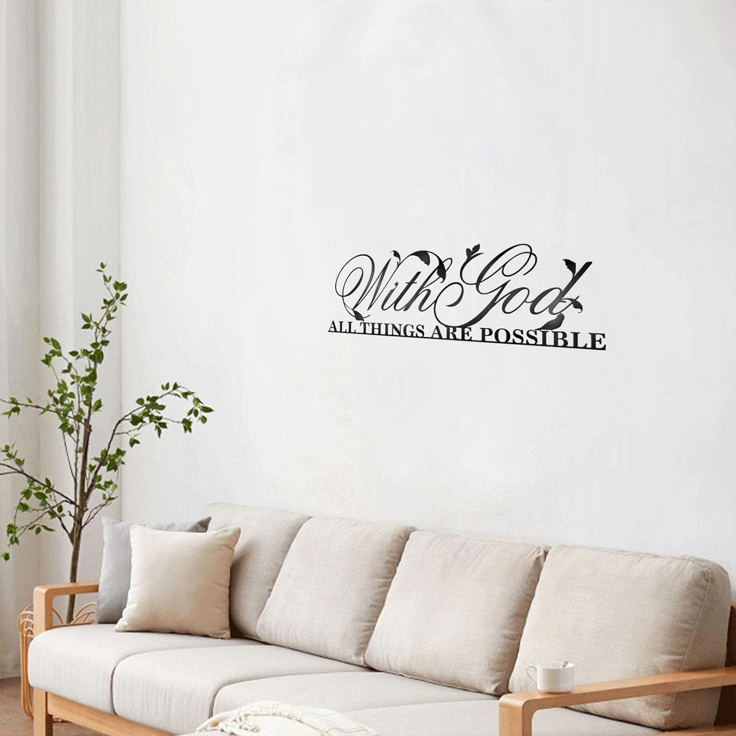 Faith-themed Zebra Metal Wall Art mounted above a beige sofa, blending seamlessly with cozy and elegant living room decor.