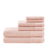 Stacked 6-piece Cotton Antimicrobial Bath Towel Set in pink featuring two bath towels, two hand towels, and two washcloths.