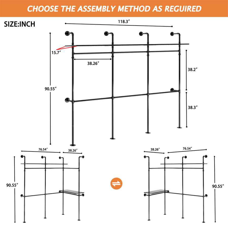 Industrial clothes rack with LED lights, black metal frame, adjustable height, supporting heavy clothing, with dimensions 118.3 inches wide and 15.7 inches deep