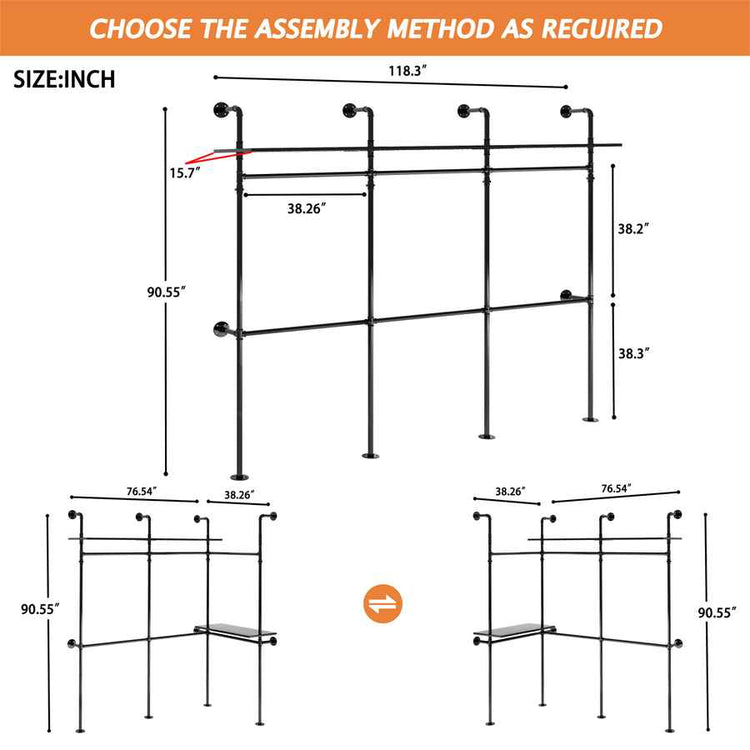 Industrial clothes rack with LED lights, black metal frame, adjustable height, supporting heavy clothing, with dimensions 118.3 inches wide and 15.7 inches deep