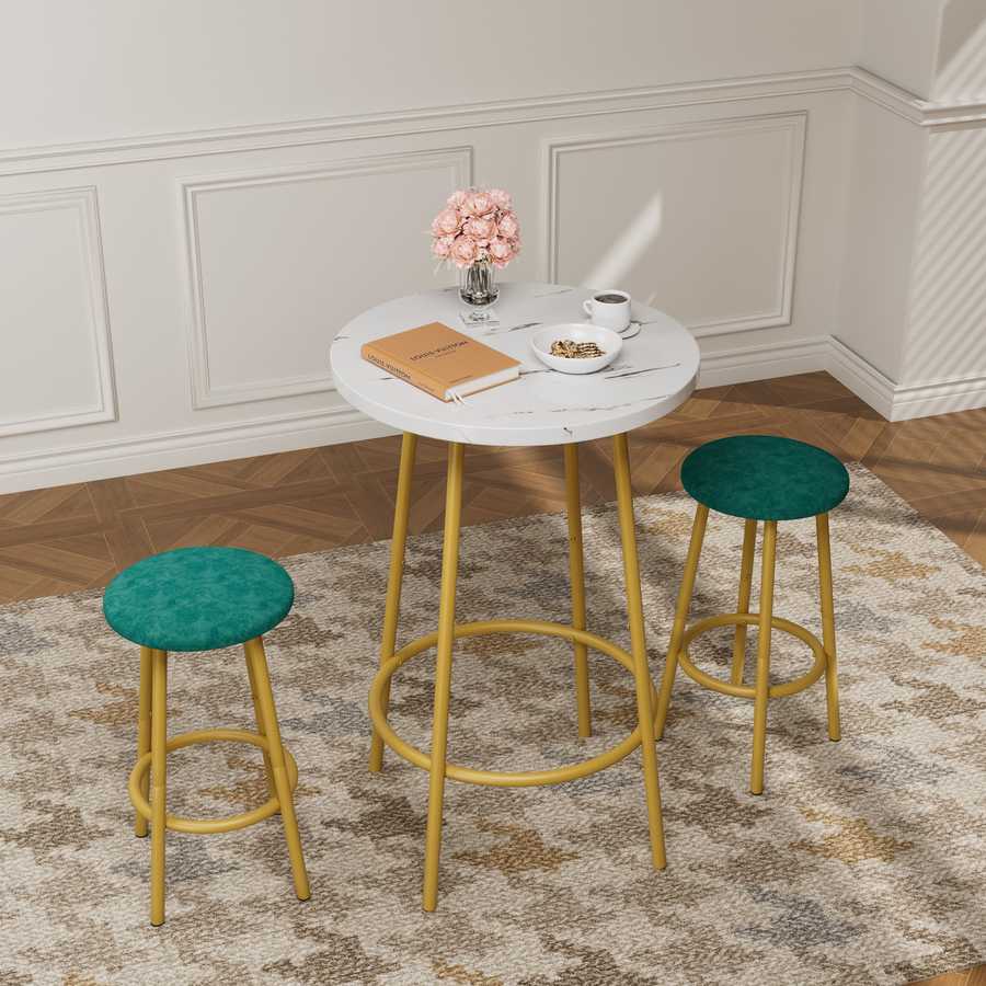 Compact and stylish 3-Piece Bar Table Set with Stools in gold and green, ideal for small dining areas or breakfast nooks.