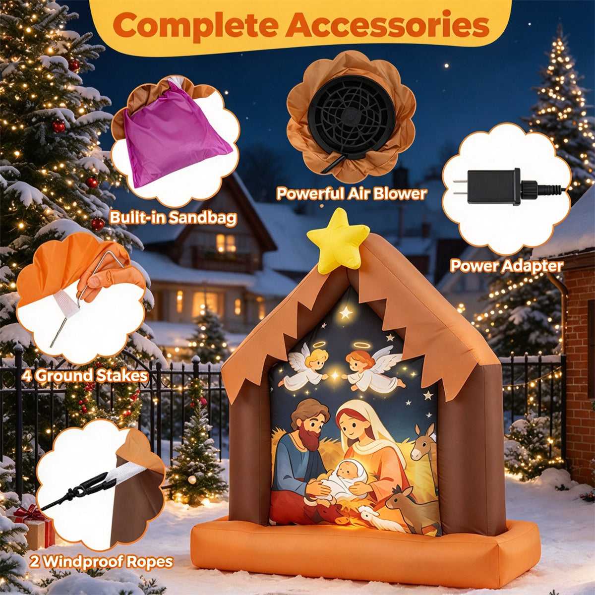 Inflatable nativity scene accessories: sandbag, air blower, power adapter, ground stakes and ropes