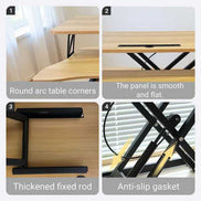 Close-up features of 32 inch desk converter including smooth panel, anti-slip gasket, thickened rod, and rounded corners for safety.