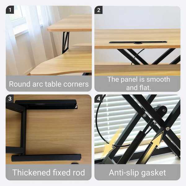 Close-up features of 32 inch desk converter including smooth panel, anti-slip gasket, thickened rod, and rounded corners for safety.