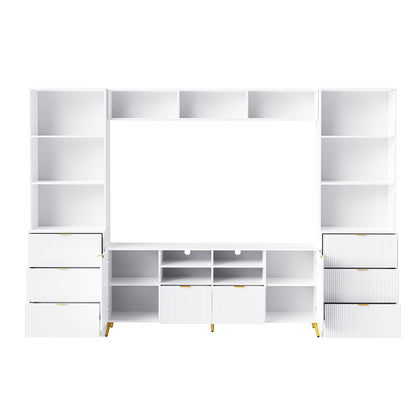 U-Can 4-Piece Entertainment Wall Unit with 13 shelves,8 Drawers and 2 Cabinets, Multifunctional TV Stand Media Storage Cabinet with Fluted Line