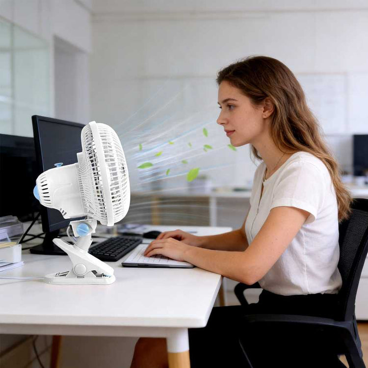 Portable white clip fan with 90° oscillation for desk and workspace cooling