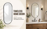 Bathroom with a modern oval mirror and text about timeless home decor.