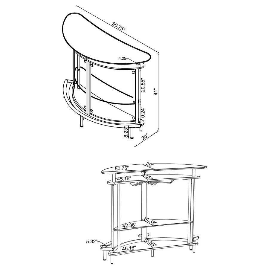 Technical drawing of black glass top home wine bar cabinet with detailed dimensions and curved modern structure.