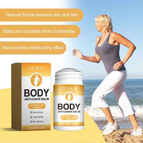 OUHOE Body Anti-Chafe Balm shown with its box and bottle on a beach-themed background, alongside a woman jogging on the shore. Text on the left highlights benefits like reducing friction, making activities more comfortable, and providing moisturizing effects.