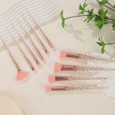 Complete Pink Crystal Makeup Brush Set arranged on a soft surface, showcasing durable glitter handles and plush pink bristles.
