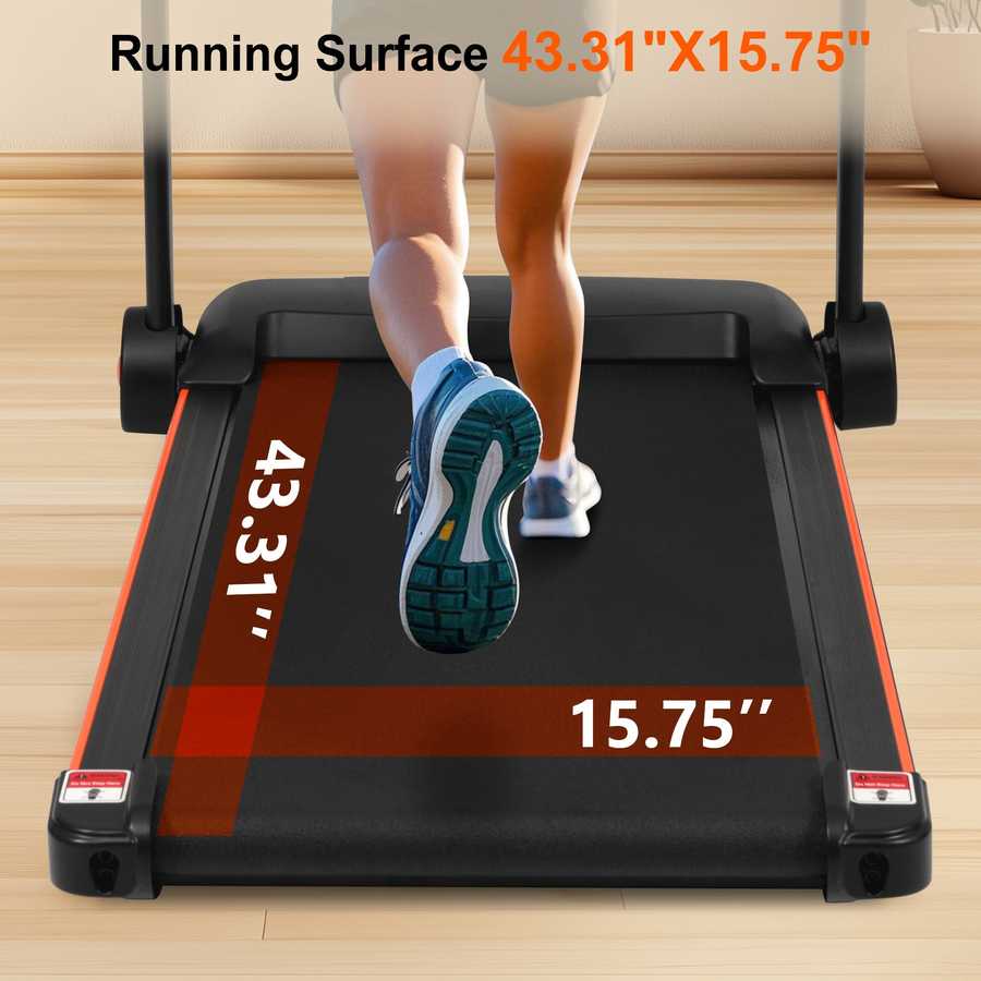 Black foldable treadmill with orange accents and a woman running indoors