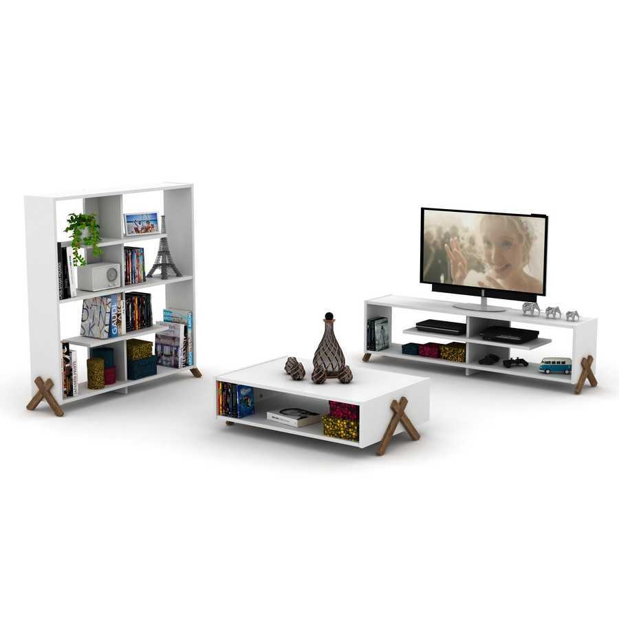 Mid Century Modern TV Stand - 57 Inch & Open Storage Unit shown in a living room set with matching bookshelf and coffee table.
