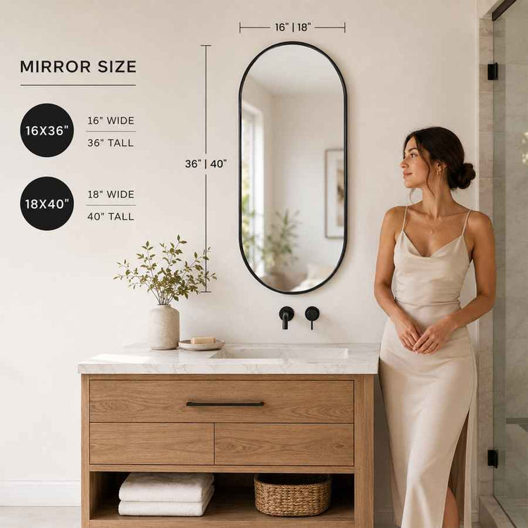 Woman standing in a bathroom with a large oval mirror and vanity, showing mirror size measurements.