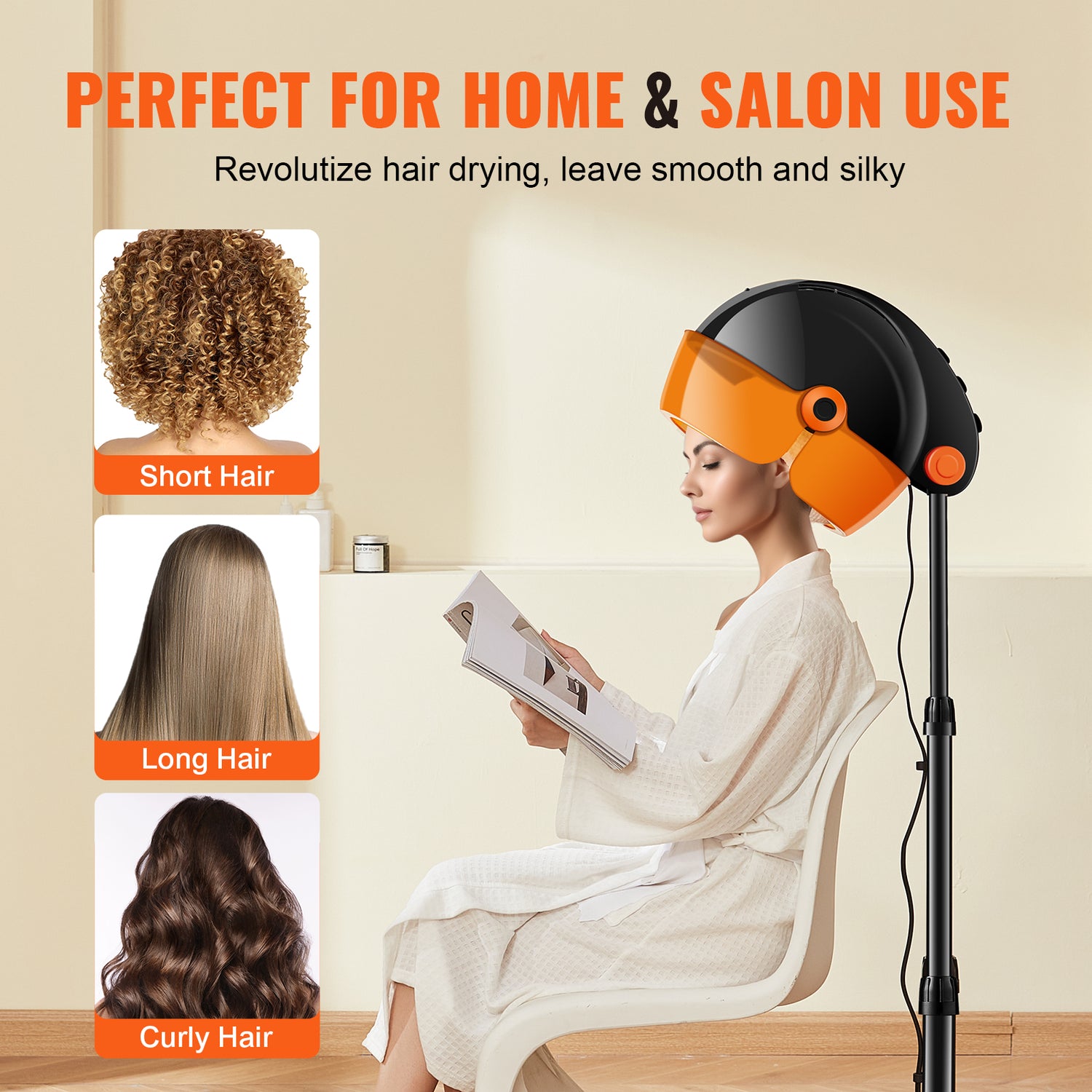 Hair dryer with a helmet-like design, suitable for home and salon use, shown with a woman using it.