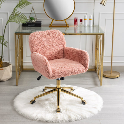 Furniture Office Chair,Artificial rabbit hair Home Office Chair with Golden Metal Base,Adjustable Desk Chair Swivel Office Chair,Vanity Chair(Pink)