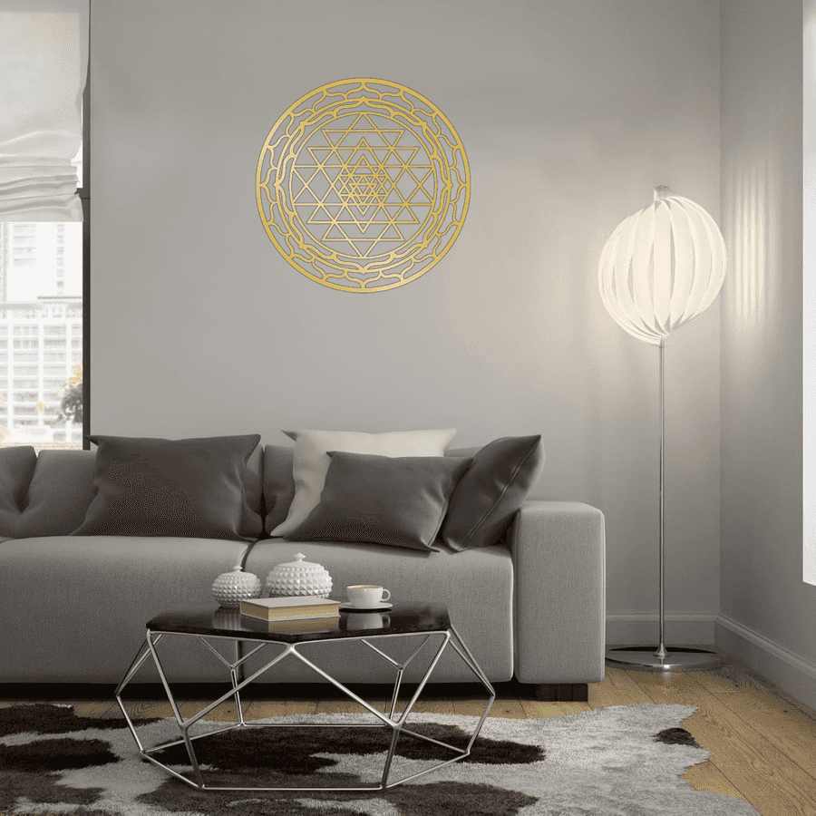 CIFbuy Sacred Mandala Wall Art in gold aluminum on a light gray wall above a modern sofa. Adds serene charm to contemporary living rooms.