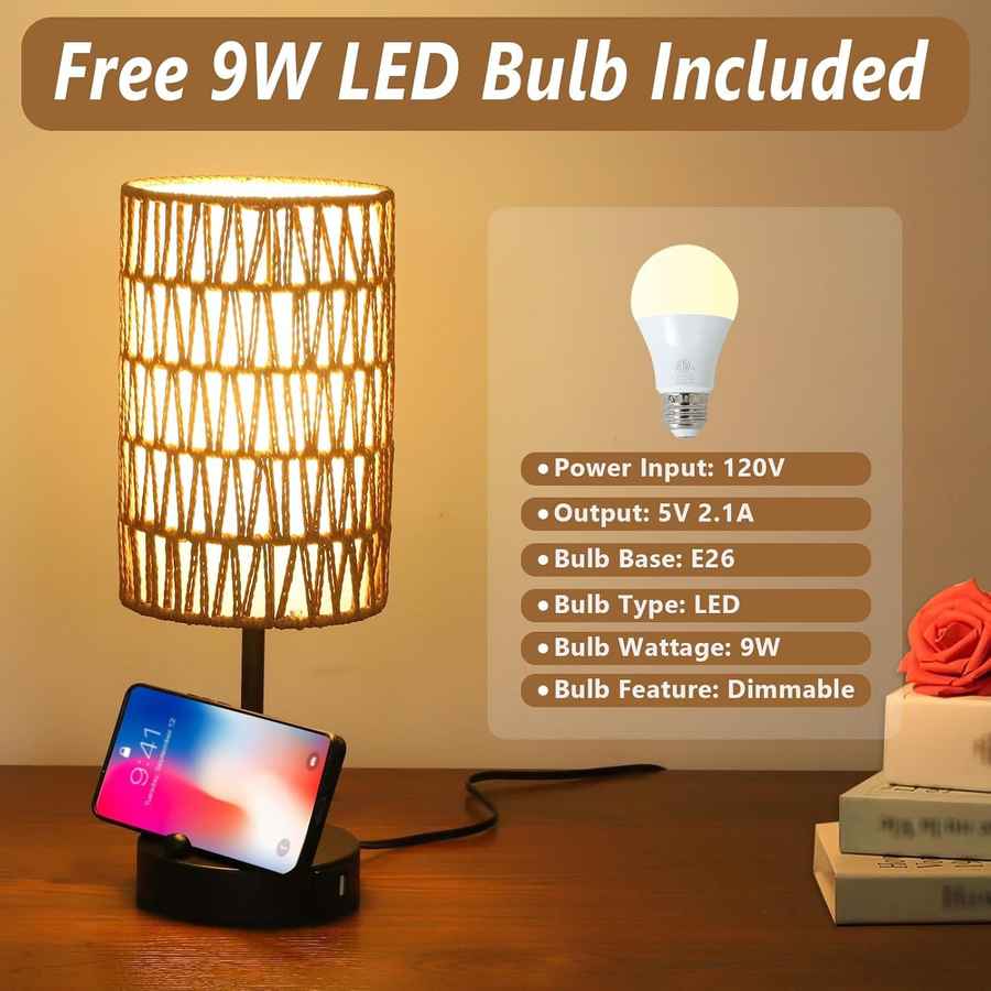 Table lamp with smartphone on a wooden surface, free 9W LED bulb included.