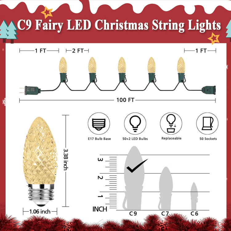 C9 LED Christmas string light specs: 100 ft green wire, bulbs 2 ft apart, E17 base