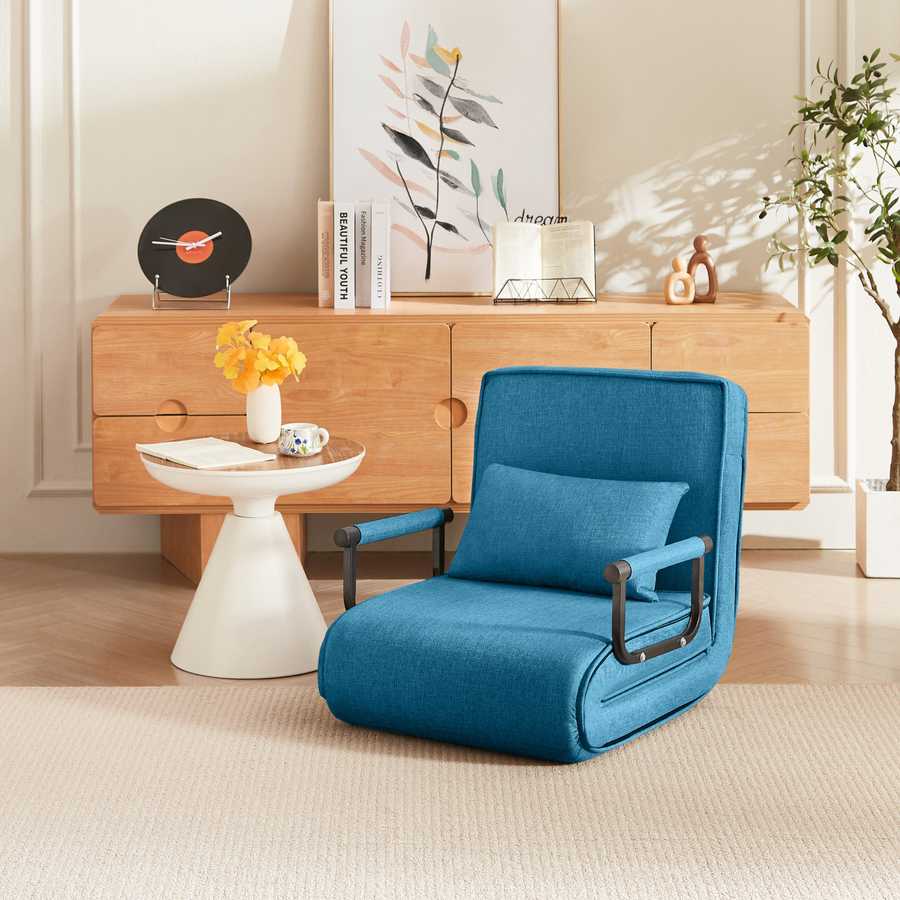 Blue linen Convertible Folding Chair Bed partially reclined, ideal for small spaces and multifunctional furniture needs in compact apartments.