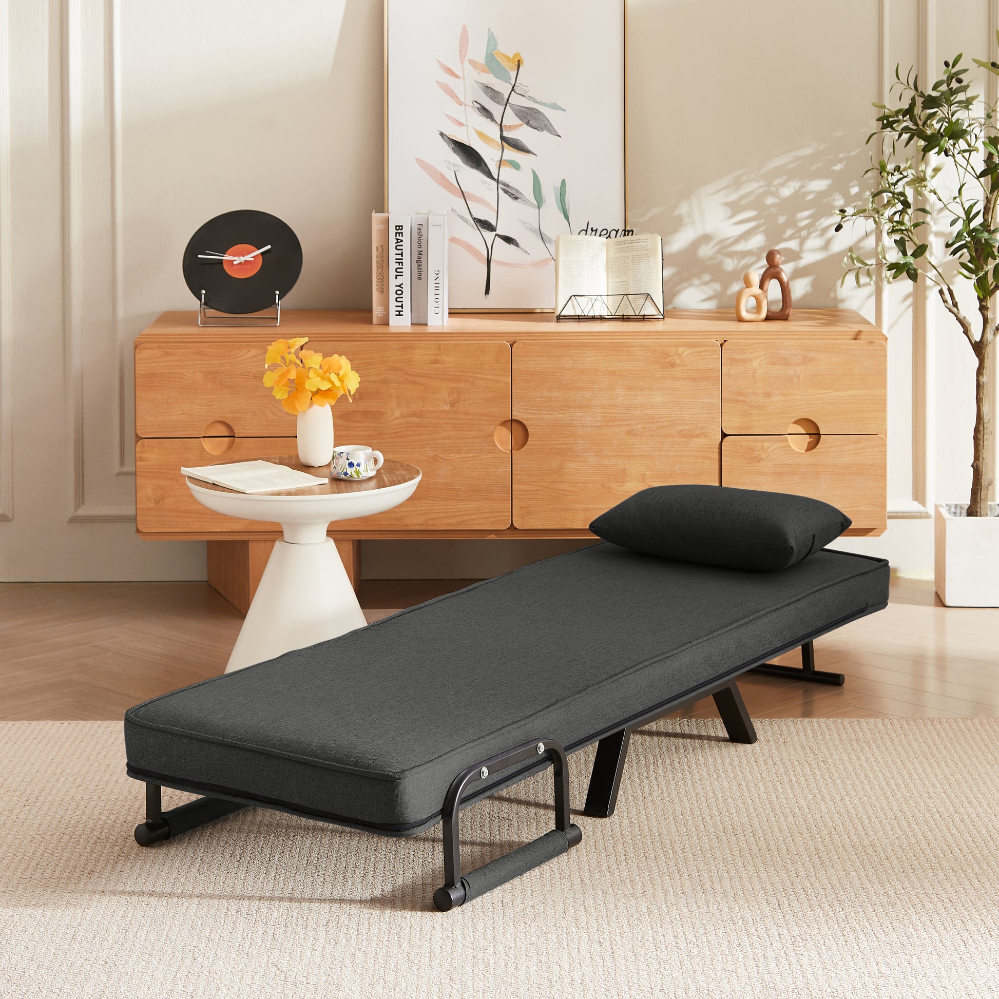 Sleep Chair Bed - Convertible Sofa Bed Chair in black linen fully extended as a bed, ideal for compact living spaces and modern interiors.