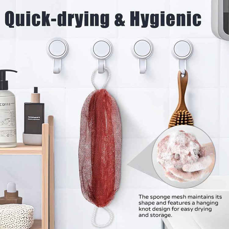 Hanging sponge, scrubber, and brush on hooks with text &