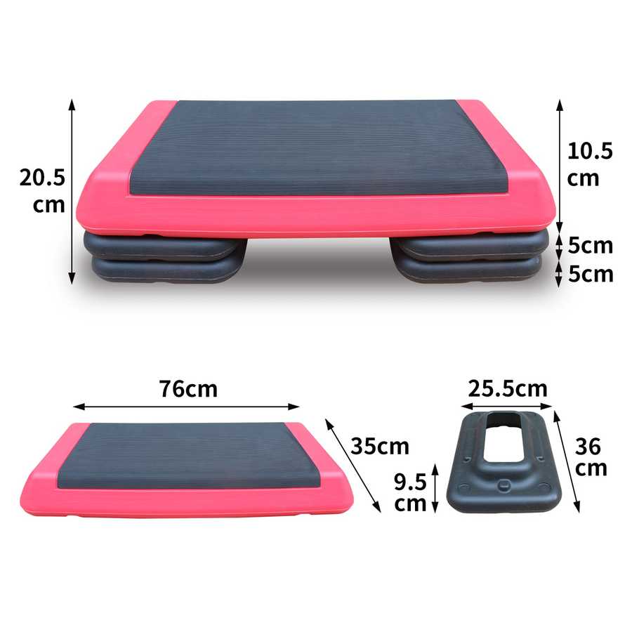 Adjustable Aerobic Stepper Platform with 4 Risers showing dimensions and height options for versatile indoor workout setups.
