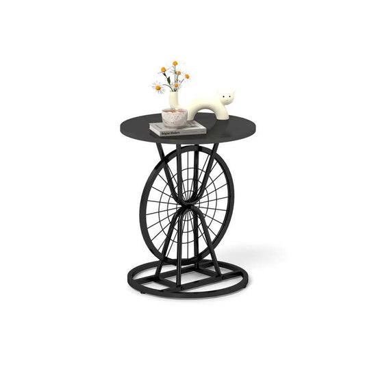 2 Piece Vintage Industrial Wheel Design Side Table, Round Accent Table with Metal Frame, Rustic Coffee Table for Living Room, Bedroom, and Office