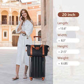 Woman with a 20-inch carry-on luggage and matching duffle bag, showing dimensions of 13.6 inches length, 8.3 inches width, 21.5 inches height, and 6 lbs weight
