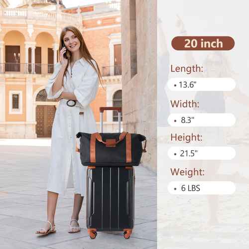 Woman with a 20-inch carry-on luggage and matching duffle bag, showing dimensions of 13.6 inches length, 8.3 inches width, 21.5 inches height, and 6 lbs weight