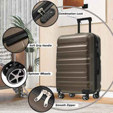 Travel scene with black hardshell luggage featuring soft grip handle, spinner wheels, combination lock, and smooth zipper for convenience.