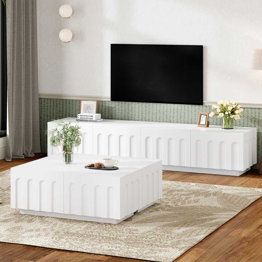 Modern TV Stand and Coffee Table Set with Hidden Storage in white finish, placed in a cozy living room with wall-mounted TV and floral decor.