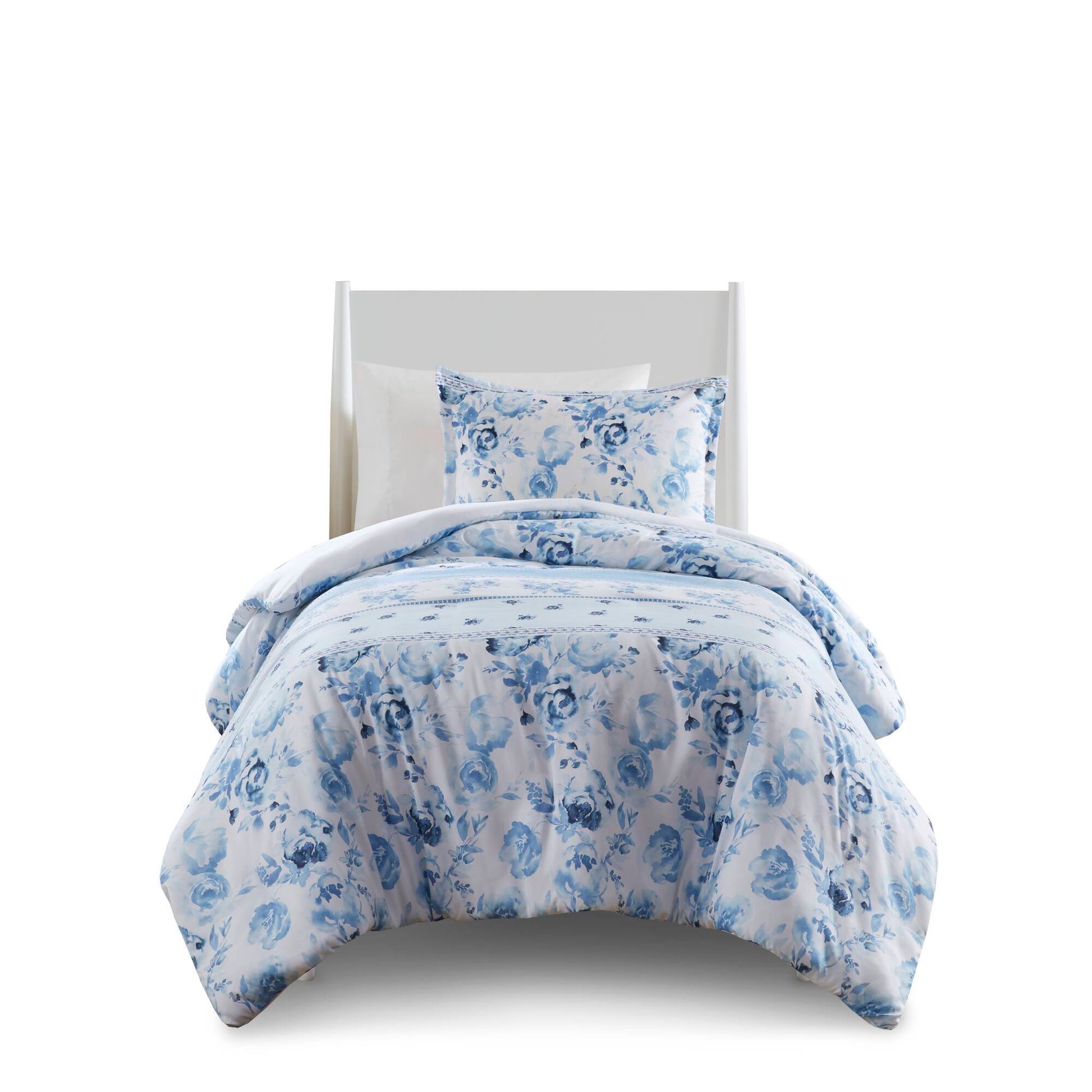 Front view of bed dressed in Twin Floral Striped Duvet Cover Set - Twin Duvet Cover Set Floral, highlighting blue rose pattern and cozy texture.