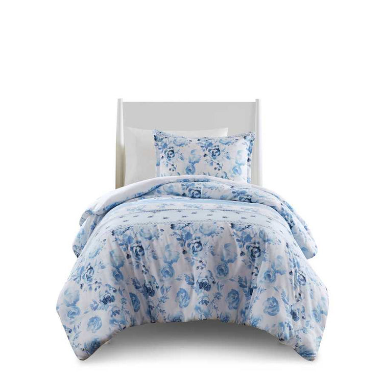 Front view of bed dressed in Twin Floral Striped Duvet Cover Set - Twin Duvet Cover Set Floral, highlighting blue rose pattern and cozy texture.