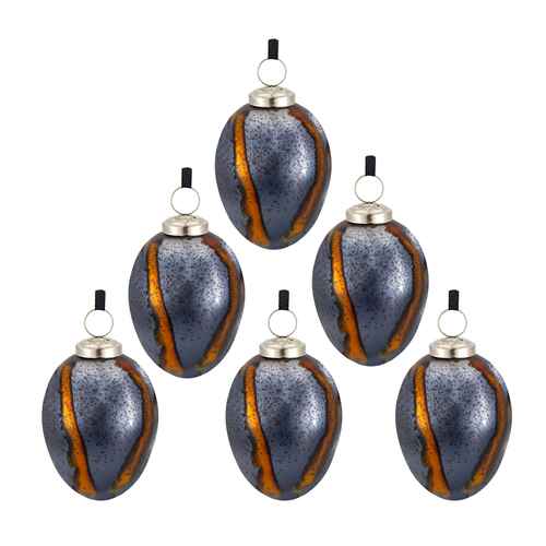 Set of 6 egg Christmas ornaments in black and gold glass