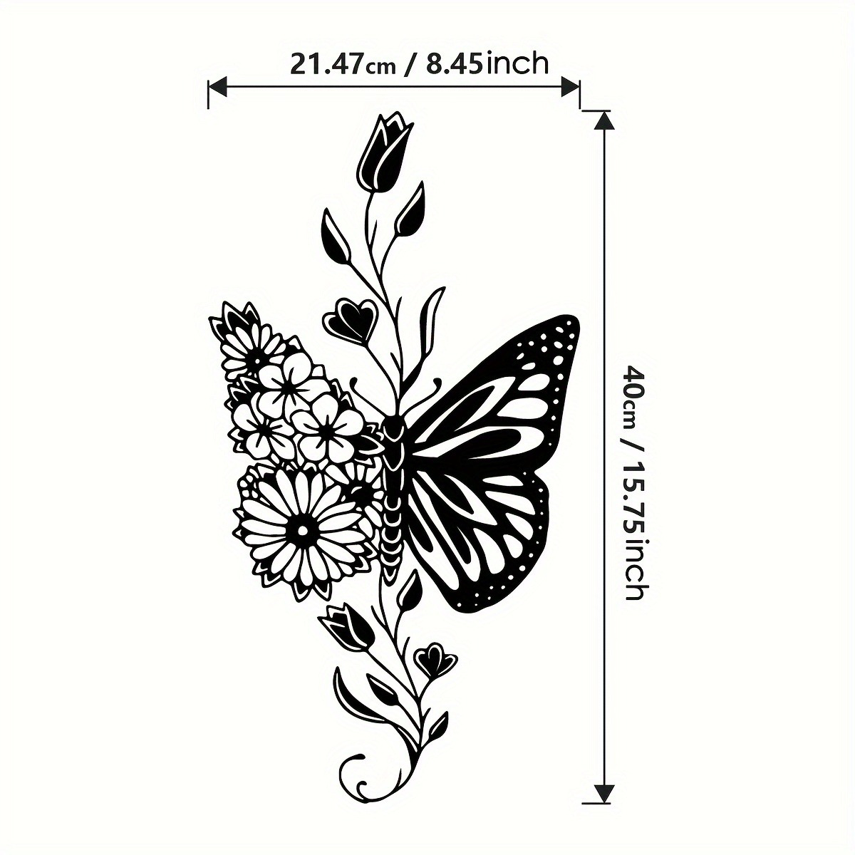 Dimensions of aluminum butterfly wall art shown as 21.47cm x 40cm, highlighting its size for home decor planning.