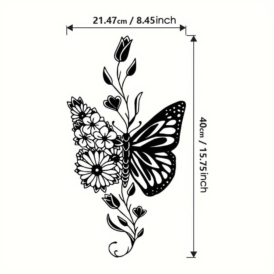 Dimensions of aluminum butterfly wall art shown as 21.47cm x 40cm, highlighting its size for home decor planning.
