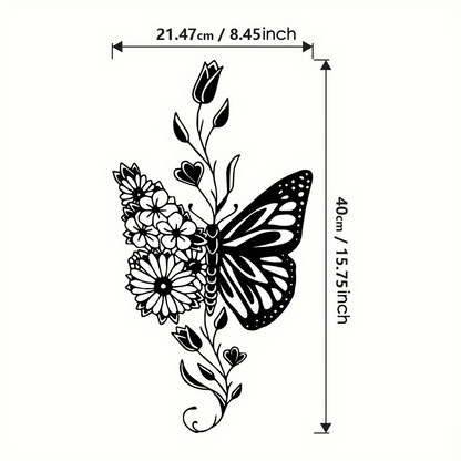 Dimensions of aluminum butterfly wall art shown as 21.47cm x 40cm, highlighting its size for home decor planning.