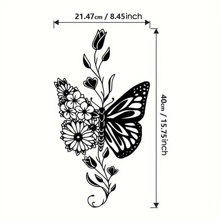 Dimensions of aluminum butterfly wall art shown as 21.47cm x 40cm, highlighting its size for home decor planning.