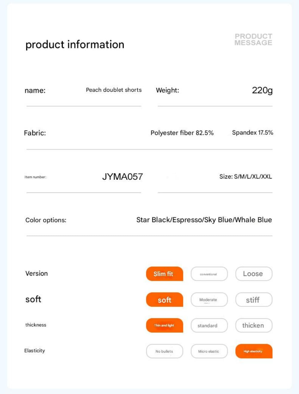Product details for Yoga Shorts Tummy Control - High Waist including fabric composition, sizes, weight, and softness level.