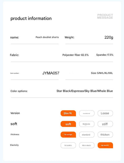 Product details for Yoga Shorts Tummy Control - High Waist including fabric composition, sizes, weight, and softness level.