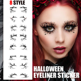 Halloween eyeliner sticker set with a model wearing the stickers and a list of styles on the left.