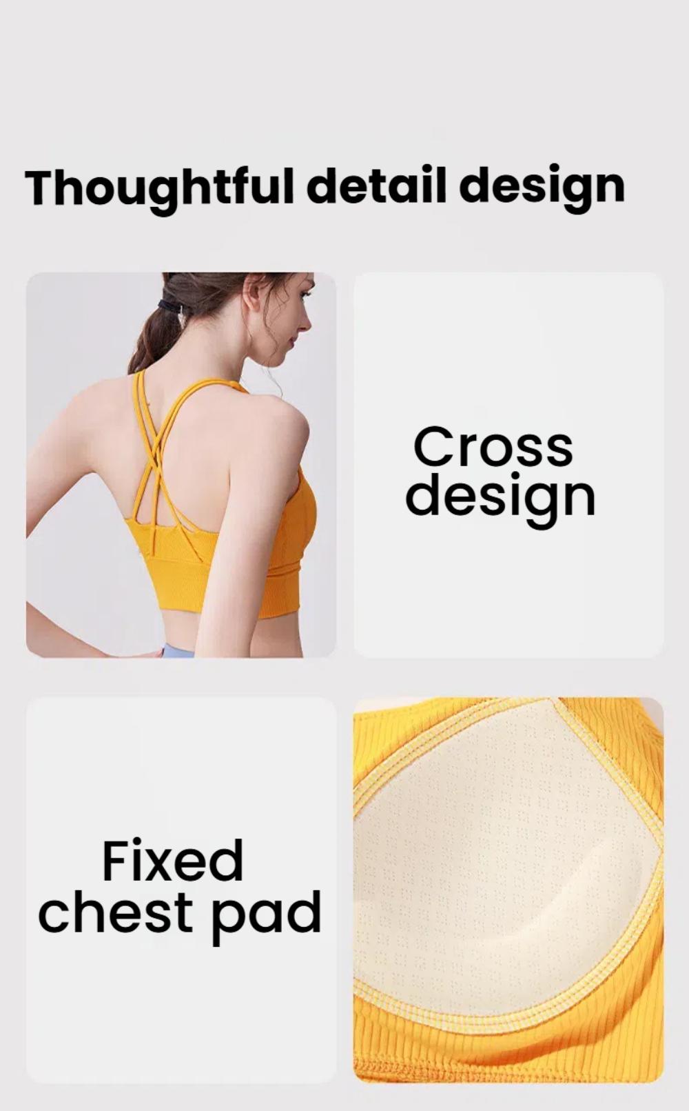 Close-up of Yoga Clothes Top - Slim Fit showing cross back design and fixed chest pad for enhanced support and thoughtful activewear details.