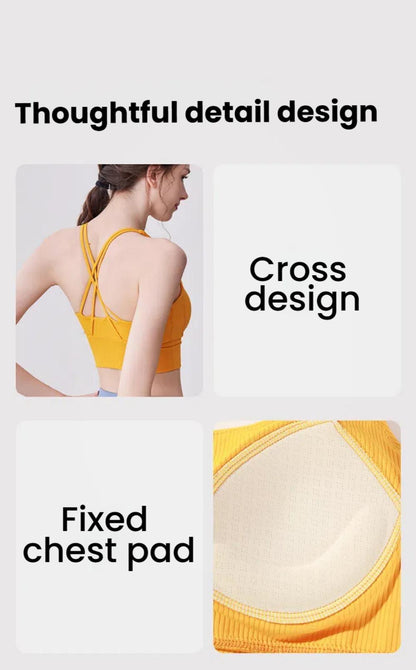Close-up of Yoga Clothes Top - Slim Fit showing cross back design and fixed chest pad for enhanced support and thoughtful activewear details.