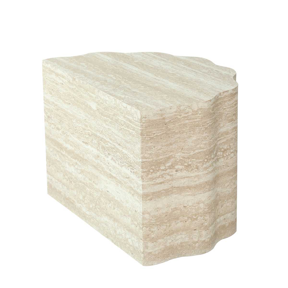Side view of beige marble round coffee table with wavy edge design, ideal for modern living room, fully assembled, SKU: W3040P510477