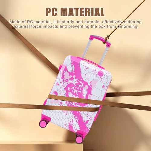 Pink printed spinner luggage suitcase made of sturdy PC material with pink handle and wheels, designed for durability and travel convenience.