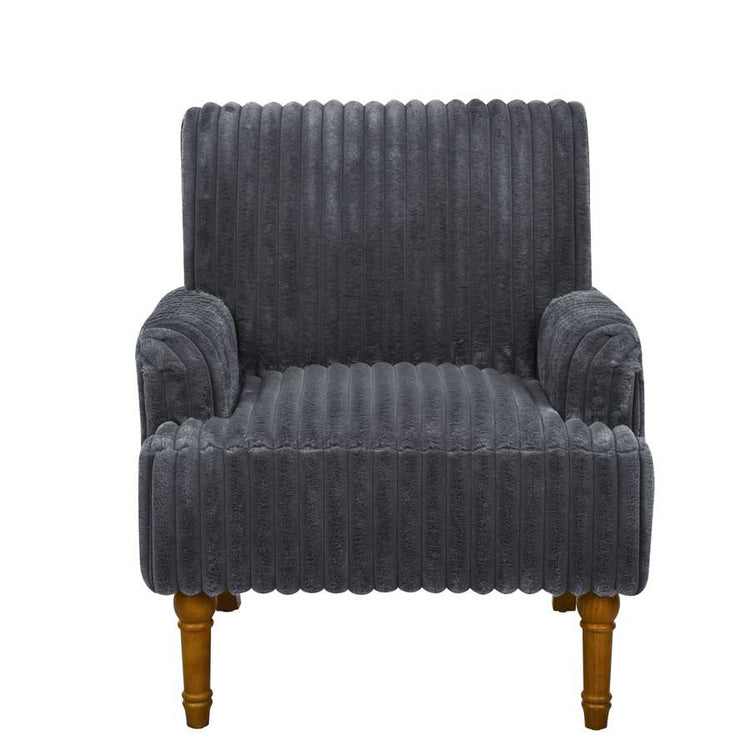 Gray upholstered armchair with wooden legs on a white background