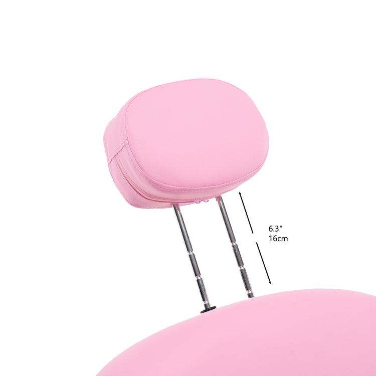Pink padded headrest with adjustable metal legs and a dimension marker showing 6.3 inches (16 cm) height, isolated on a white background.